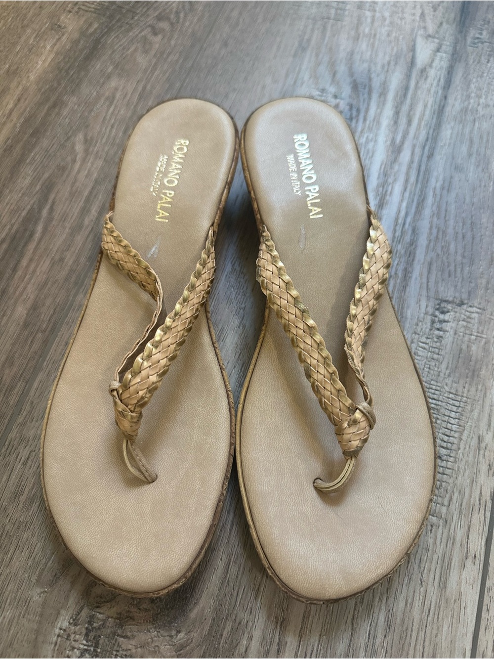 Romano Palai Wedge Thong Sandals, Made in Italy, Neutral Tan, Resortwear,‎ 7.5